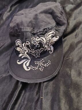 Scala Black Embellished Military-Style Cap with Silver Accents